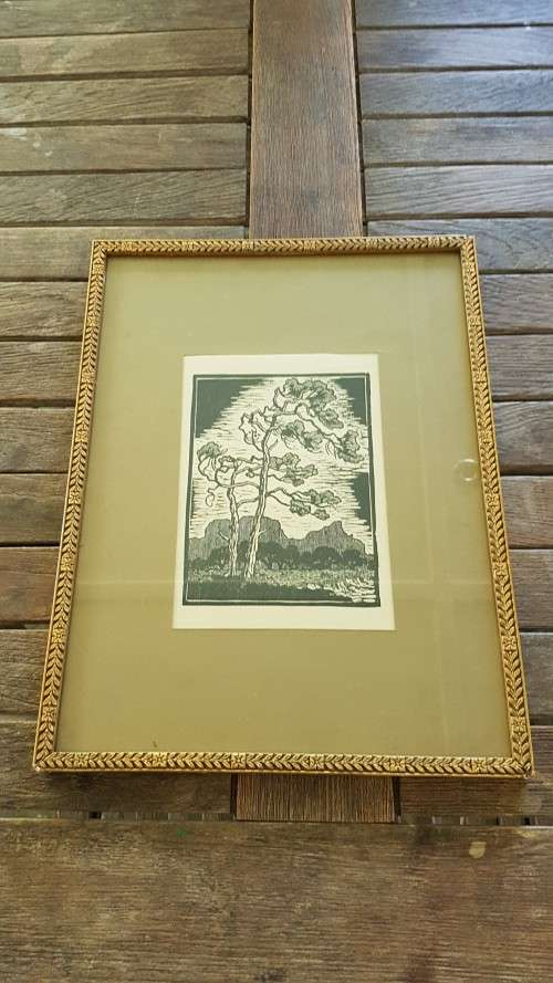 Gregoire Boonzaier Lincocut of Table Mountain and Tree in Wind. Exhibition Invitation FRAMED.
