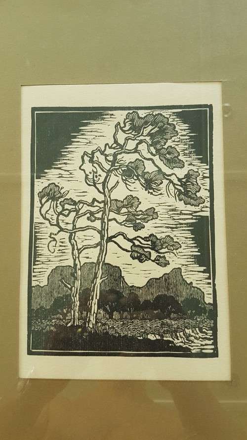 Gregoire Boonzaier Lincocut of Table Mountain and Tree in Wind. Exhibition Invitation FRAMED.
