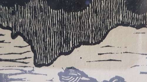 Gregoire Boonzaier Lincocut of Table Mountain and Tree in Wind. Exhibition Invitation FRAMED.