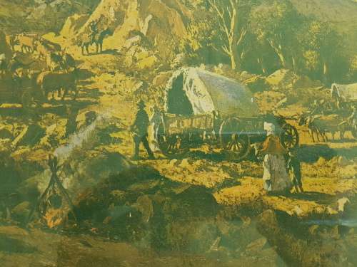 Tinus de Jongh Framed Print.  Voortrekker Uitspan in die Berge/ Camp in the Mountains