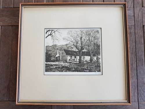 Tinus de Jongh.  Wemmershoek, Cape. Signed etching, framed. Clear dark imprint. Non-reflective glass