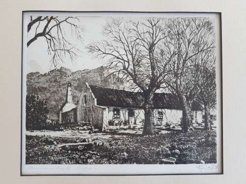 Tinus de Jongh.  Wemmershoek, Cape. Signed etching, framed. Clear dark imprint. Non-reflective glass