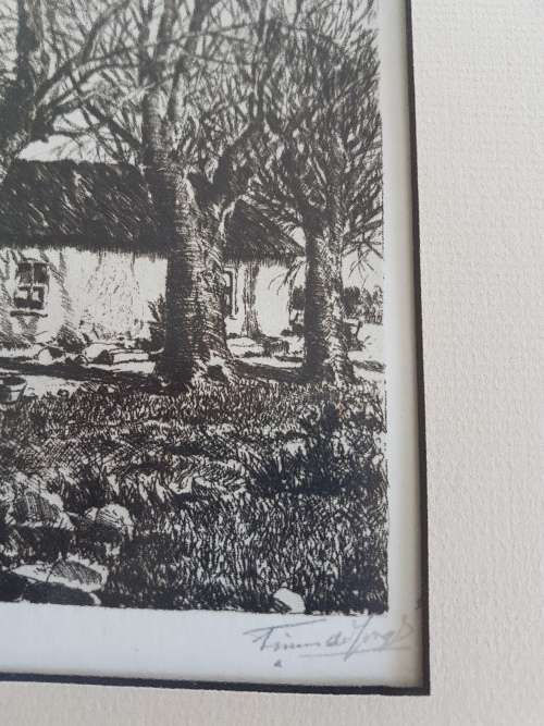 Tinus de Jongh.  Wemmershoek, Cape. Signed etching, framed. Clear dark imprint. Non-reflective glass