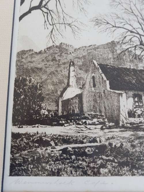 Tinus de Jongh.  Wemmershoek, Cape. Signed etching, framed. Clear dark imprint. Non-reflective glass