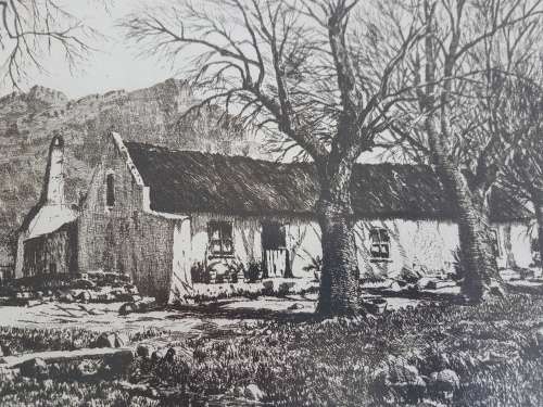 Tinus de Jongh.  Wemmershoek, Cape. Signed etching, framed. Clear dark imprint. Non-reflective glass