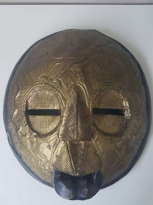 Mali Macouba African Owl Bird Mask.  Full brass panels on carved wood. Stunning. Ready to hang.