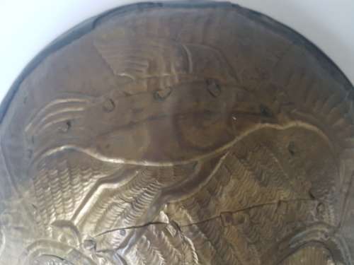 Mali Macouba African Owl Bird Mask.  Full brass panels on carved wood. Stunning. Ready to hang.