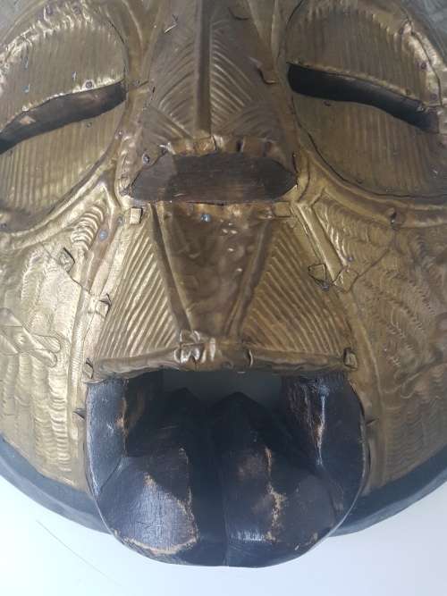 Mali Macouba African Owl Bird Mask.  Full brass panels on carved wood. Stunning. Ready to hang.