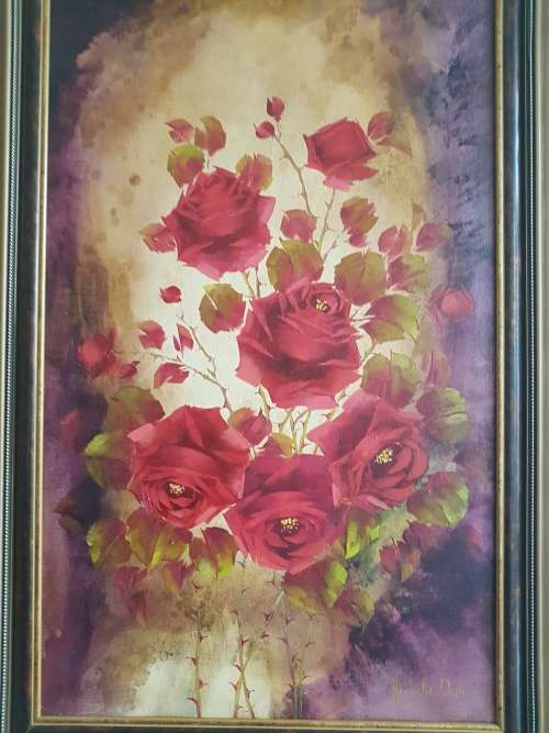 Jeanette Dykman (1938-2018).  Bouquet of  Red Roses in Ornate Gilt Frame.