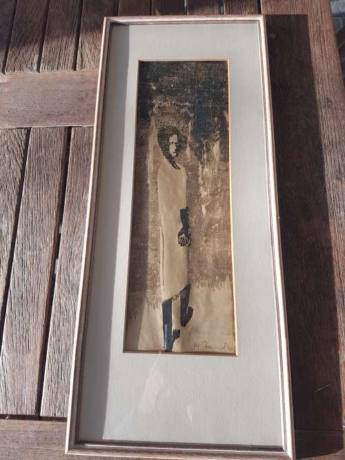 Mordechai Freund. Woman walking barefoot. Print, signed and dated.