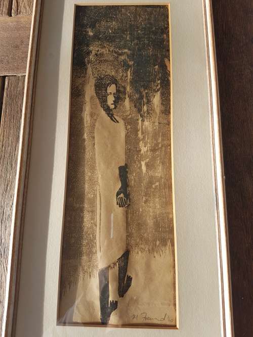 Mordechai Freund. Woman walking barefoot. Print, signed and dated.