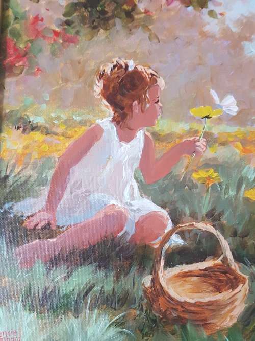 Lienkie Lombard (1949-)Geel en Wit./Girl with Flower. Original acrylic. Certificate of Authenticity.