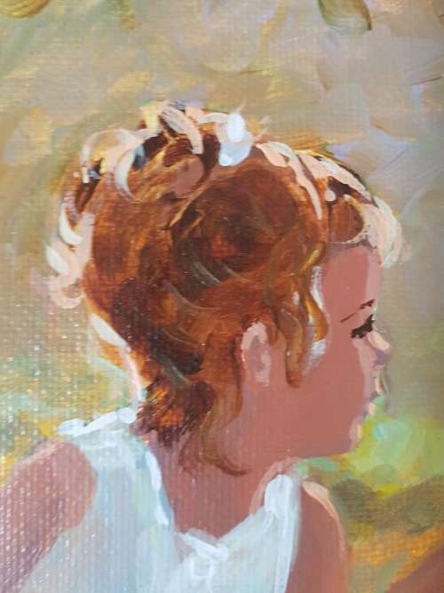 Lienkie Lombard (1949-)Geel en Wit./Girl with Flower. Original acrylic. Certificate of Authenticity.