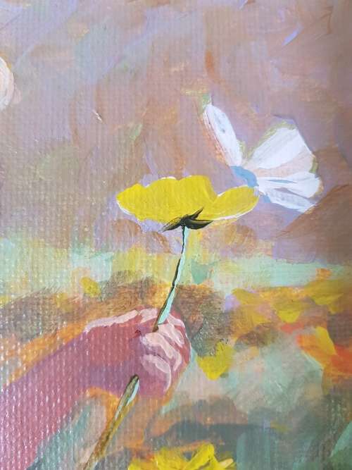 Lienkie Lombard (1949-)Geel en Wit./Girl with Flower. Original acrylic. Certificate of Authenticity.