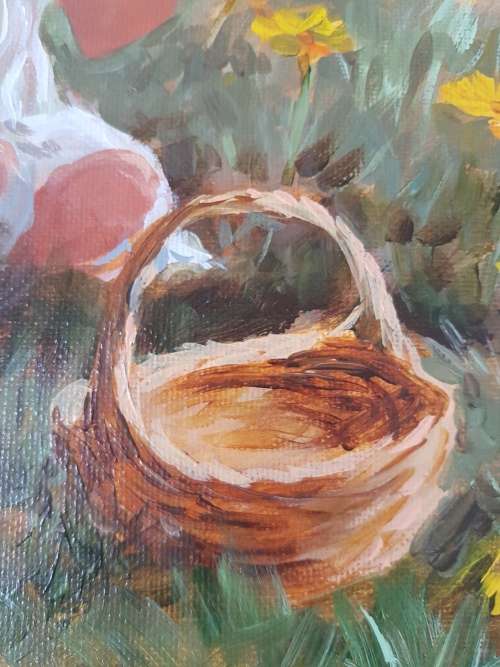 Lienkie Lombard (1949-)Geel en Wit./Girl with Flower. Original acrylic. Certificate of Authenticity.