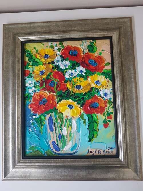 Liezl Le Roux. Still Life of a bowl of flowers. Excellent frame. Original acrylic, thick paint.