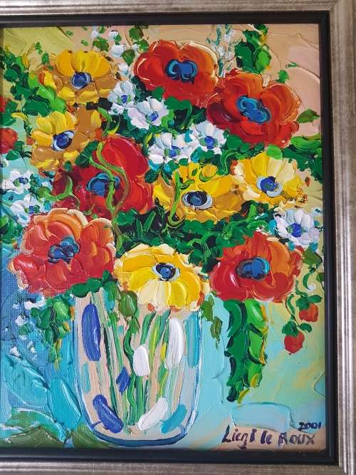 Liezl Le Roux. Still Life of a bowl of flowers. Excellent frame. Original acrylic, thick paint.