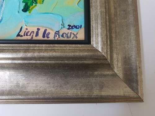 Liezl Le Roux. Still Life of a bowl of flowers. Excellent frame. Original acrylic, thick paint.