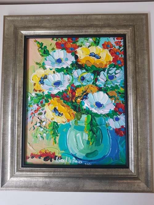 Liezl Le Roux. Still Life of a bowl of flowers. Excellent frame. Original acrylic, thick paint.