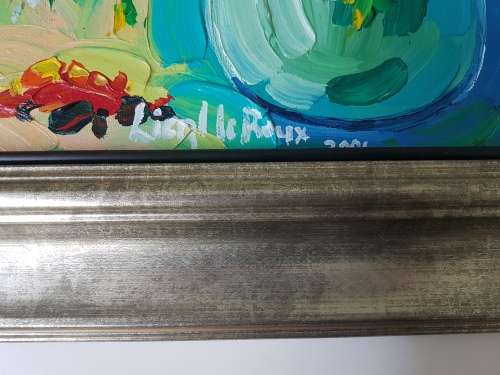 Liezl Le Roux. Still Life of a bowl of flowers. Excellent frame. Original acrylic, thick paint.