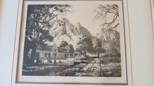 Tinus de Jongh. Vredenburg, Muldersvlei, Cape. Etching. Excellent condition frame.Double mount.