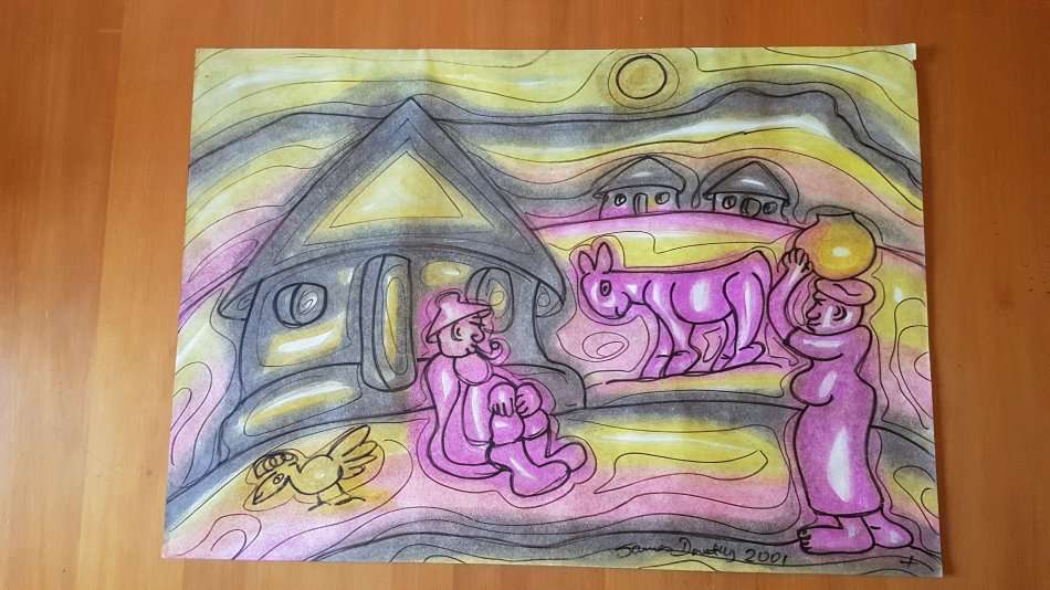 James Dorothy . Rural Scene. Colourful mixed media original. Taught by Frans Claerhout.