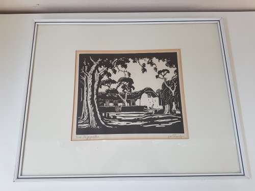 J.H. Pierneef Lithograph of Tweejongezellen Wine Farm. . Excellent condition print and frame.