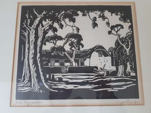 J.H. Pierneef Lithograph of Tweejongezellen Wine Farm. . Excellent condition print and frame.