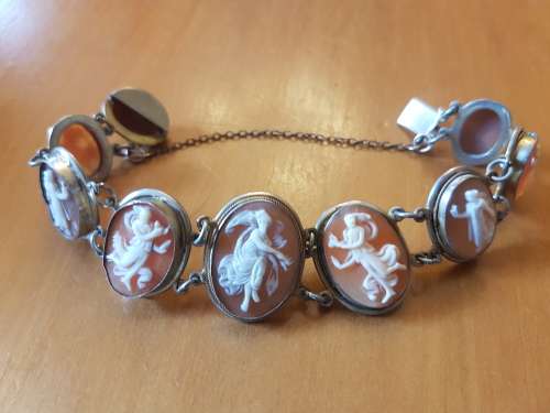 Cameo Bracelet . 9 Dancing Muses set in solid silver with gilt, marked. 19th century Italian.