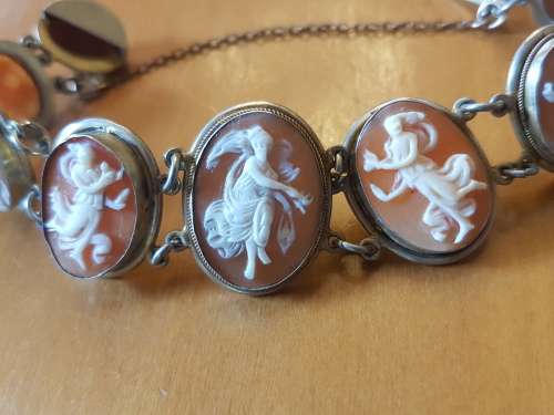 Cameo Bracelet . 9 Dancing Muses set in solid silver with gilt, marked. 19th century Italian.