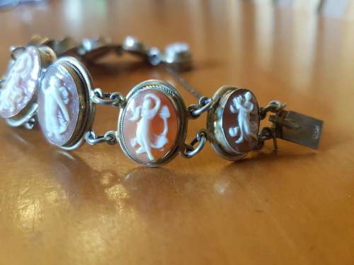Cameo Bracelet . 9 Dancing Muses set in solid silver with gilt, marked. 19th century Italian.