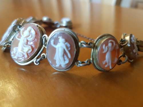 Cameo Bracelet . 9 Dancing Muses set in solid silver with gilt, marked. 19th century Italian.