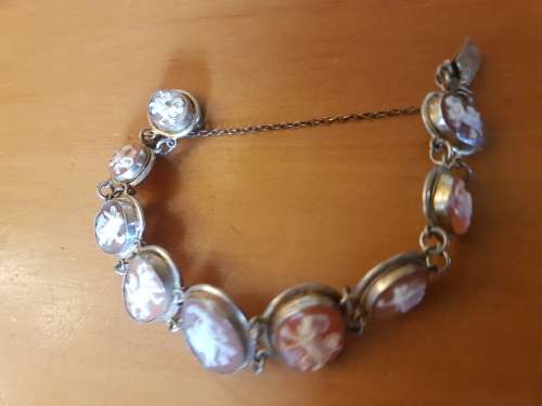 Cameo Bracelet . 9 Dancing Muses set in solid silver with gilt, marked. 19th century Italian.