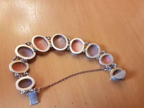 Cameo Bracelet . 9 Dancing Muses set in solid silver with gilt, marked. 19th century Italian.