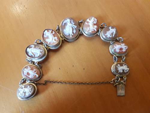 Cameo Bracelet . 9 Dancing Muses set in solid silver with gilt, marked. 19th century Italian.