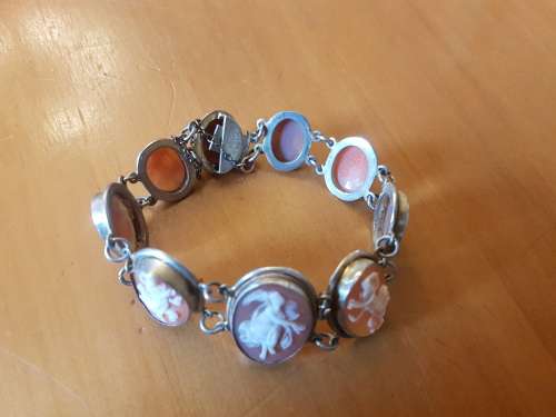 Cameo Bracelet . 9 Dancing Muses set in solid silver with gilt, marked. 19th century Italian.