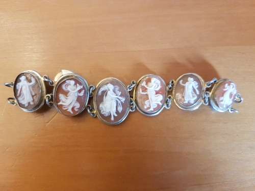 Cameo Bracelet . 9 Dancing Muses set in solid silver with gilt, marked. 19th century Italian.