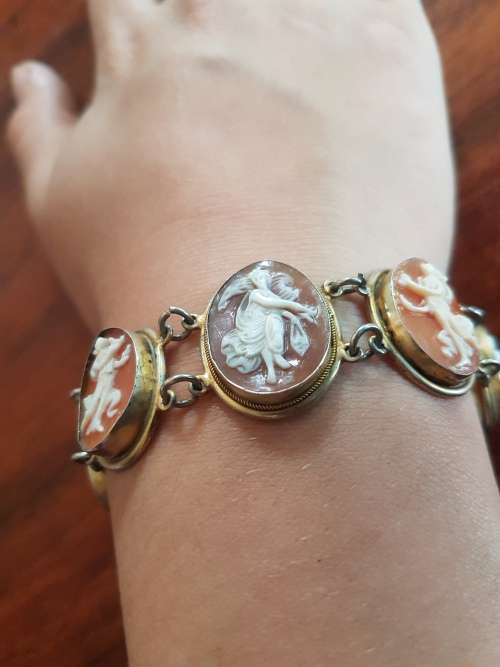 Cameo Bracelet . 9 Dancing Muses set in solid silver with gilt, marked. 19th century Italian.