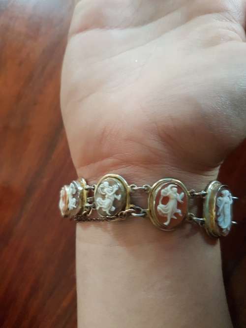 Cameo Bracelet . 9 Dancing Muses set in solid silver with gilt, marked. 19th century Italian.