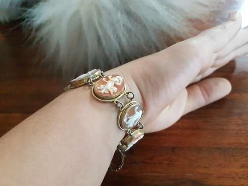 Cameo Bracelet . 9 Dancing Muses set in solid silver with gilt, marked. 19th century Italian.