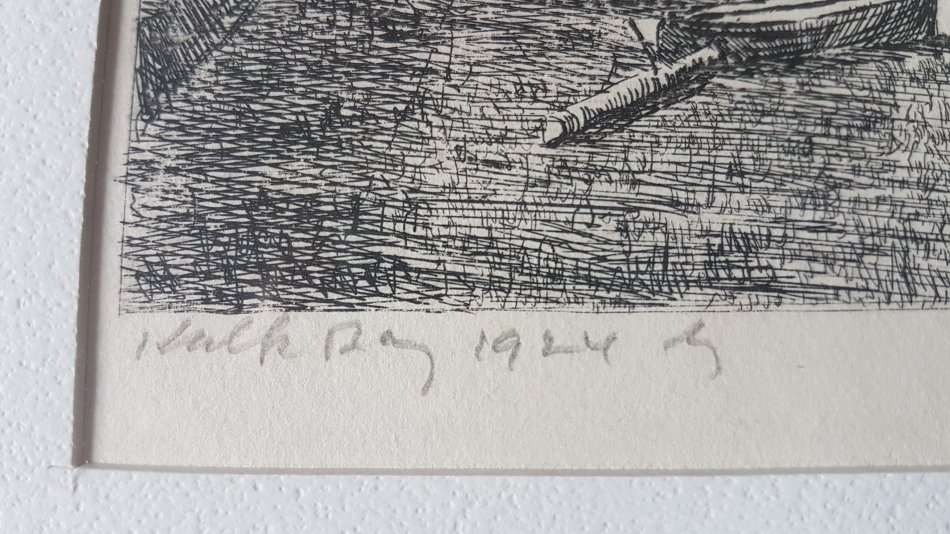 Tinus de Jongh. Kalk Bay 1924. Original etching, signed and with blindstamp. Framed. Excellent cond.