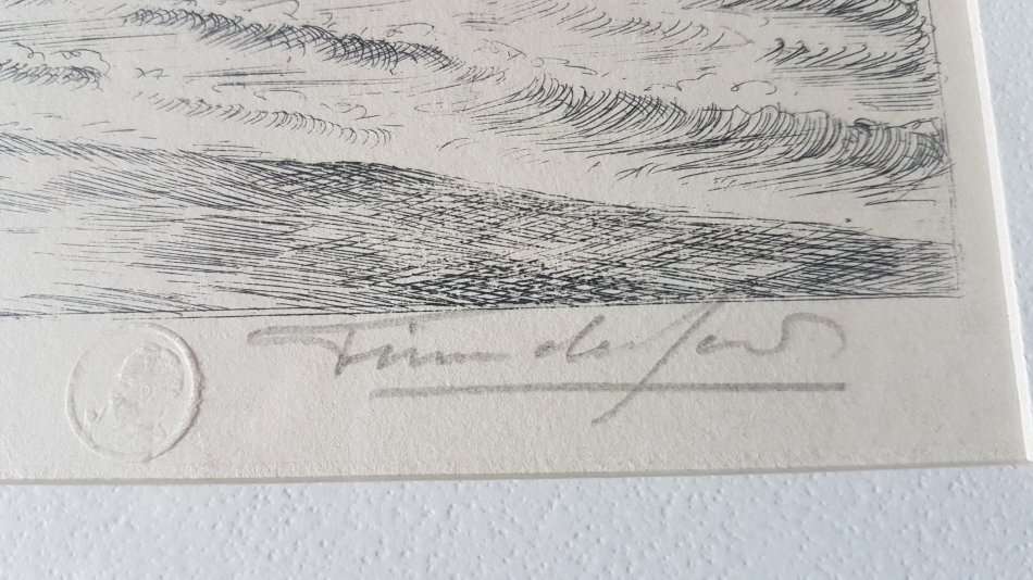 Tinus de Jongh. Kalk Bay 1924. Original etching, signed and with blindstamp. Framed. Excellent cond.