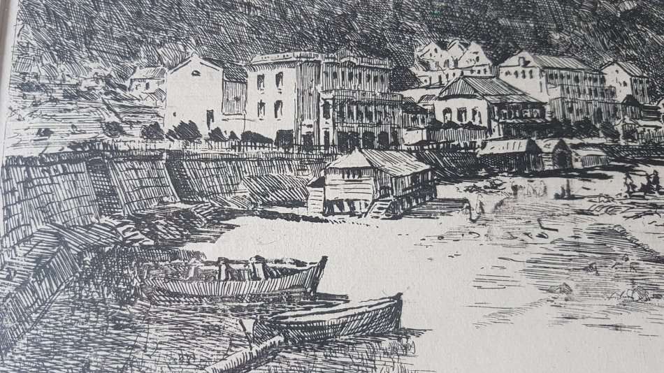 Tinus de Jongh. Kalk Bay 1924. Original etching, signed and with blindstamp. Framed. Excellent cond.