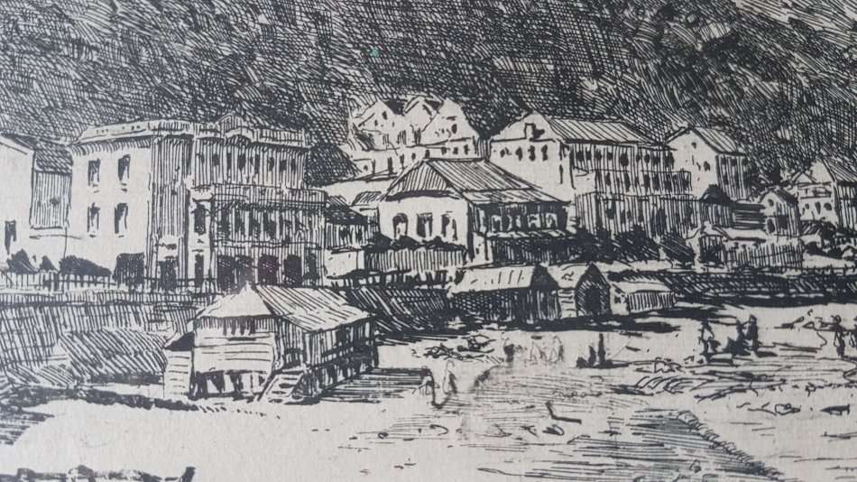 Tinus de Jongh. Kalk Bay 1924. Original etching, signed and with blindstamp. Framed. Excellent cond.
