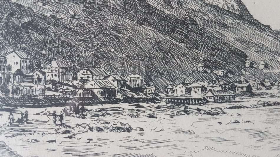 Tinus de Jongh. Kalk Bay 1924. Original etching, signed and with blindstamp. Framed. Excellent cond.