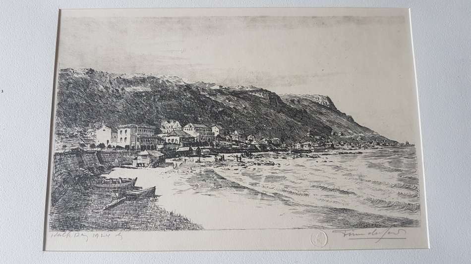 Tinus de Jongh. Kalk Bay 1924. Original etching, signed and with blindstamp. Framed. Excellent cond.