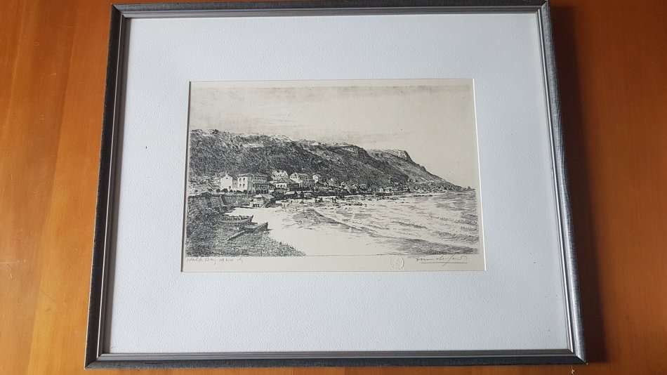 Tinus de Jongh. Kalk Bay 1924. Original etching, signed and with blindstamp. Framed. Excellent cond.