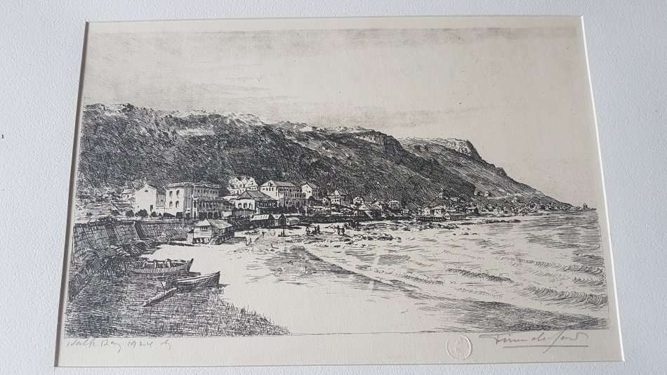 Tinus de Jongh. Kalk Bay 1924. Original etching, signed and with blindstamp. Framed. Excellent cond.