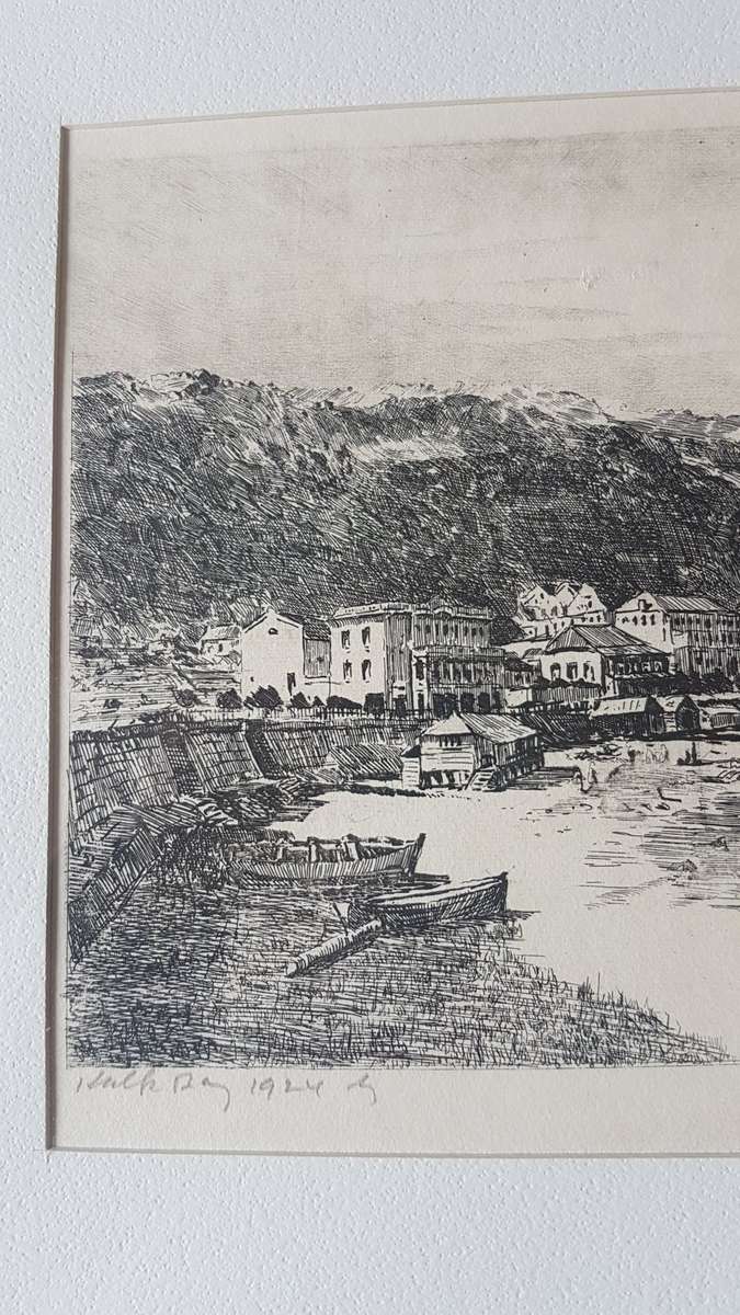 Tinus de Jongh. Kalk Bay 1924. Original etching, signed and with blindstamp. Framed. Excellent cond.