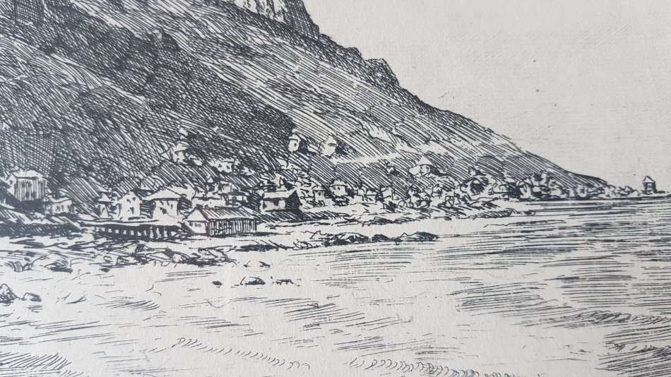 Tinus de Jongh. Kalk Bay 1924. Original etching, signed and with blindstamp. Framed. Excellent cond.